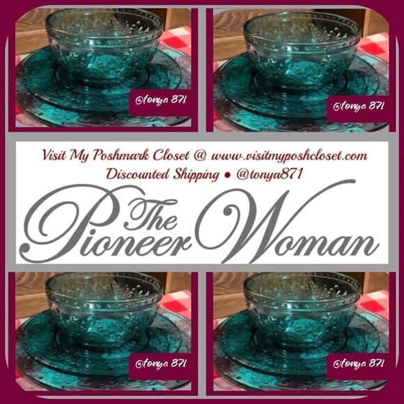 🦋 New Pioneer Woman Cassie Teal Glass Dinnerware, Set of 12 Pieces - Picture 1 of 9